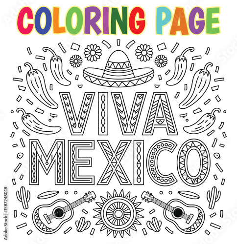 Hand drawn Viva Mexico Coloring book Page – Bold Fiesta Letters with Mexican Elements, dia de la independencia Mexico Celebration Coloring Sheet with Sombrero, Guitar, Chili and Sun Line Art print