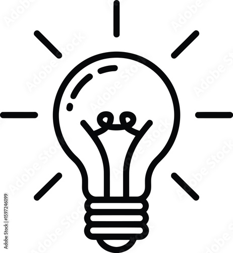 Lightbulb icon on light background. Idea symbol. Electric lamp, light, innovation, solution, creative thinking, electricity. Outline, flat and colored style. Flat design. 