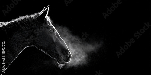 Majestic Horse Profile Silhouette Black White Steam Breathe Night Beauty Equine Power Grace Wildlife Expression Art Photography Dynamic Texture Contrast Dark Background Regal Pure Serene Elegant
