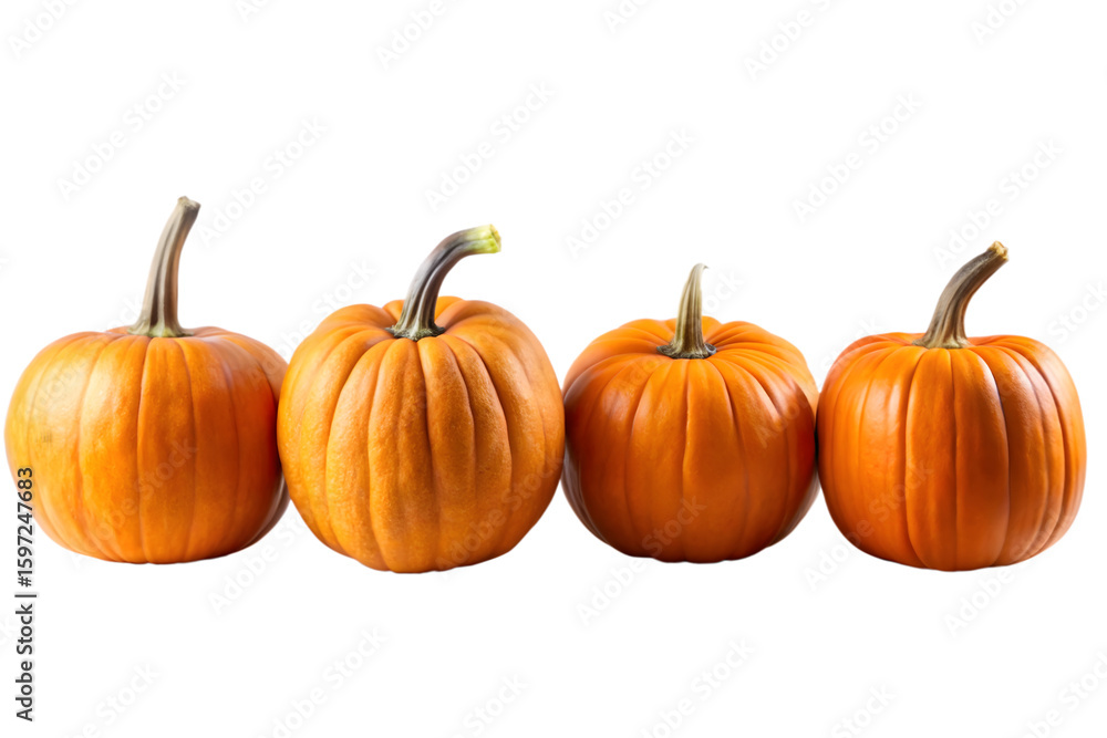Obraz premium A group of four vibrant orange pumpkins with prominent stems, lined up and isolated on a clean transparent background, symbolizing autumn harvest and seasonal celebrations
