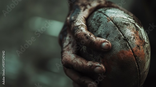 Close-up of mud-caked hands gripping a similarly soiled rugby ball, emphasizing the intensity and physicality of the game