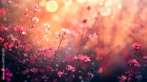 Vibrant pink flowers blooming in a sunlit garden, with a soft bokeh background creating a dreamy atmosphere