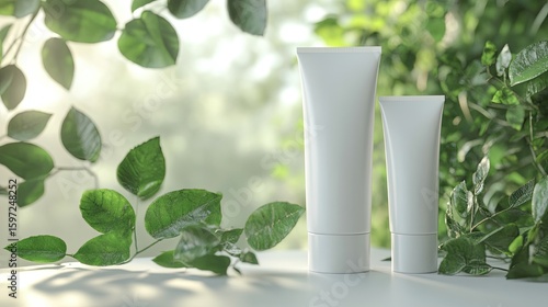 Two white plastic tubes resting on a surface amongst foliage.