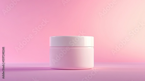 Pink cosmetic jar on a pastel background.