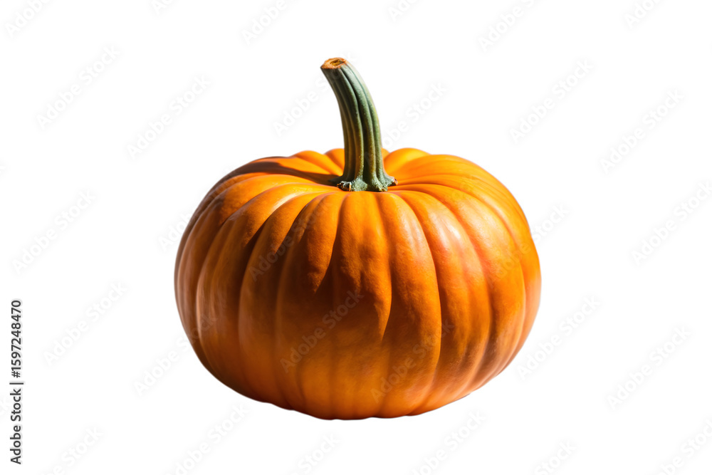 Fototapeta premium A vibrant orange pumpkin with a green stem, isolated on a plain transparent background, ready for autumn festivities