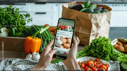 Modern online grocery shopping experience showcasing hands selecting fresh vegetables via a smartphone app for effortless home delivery