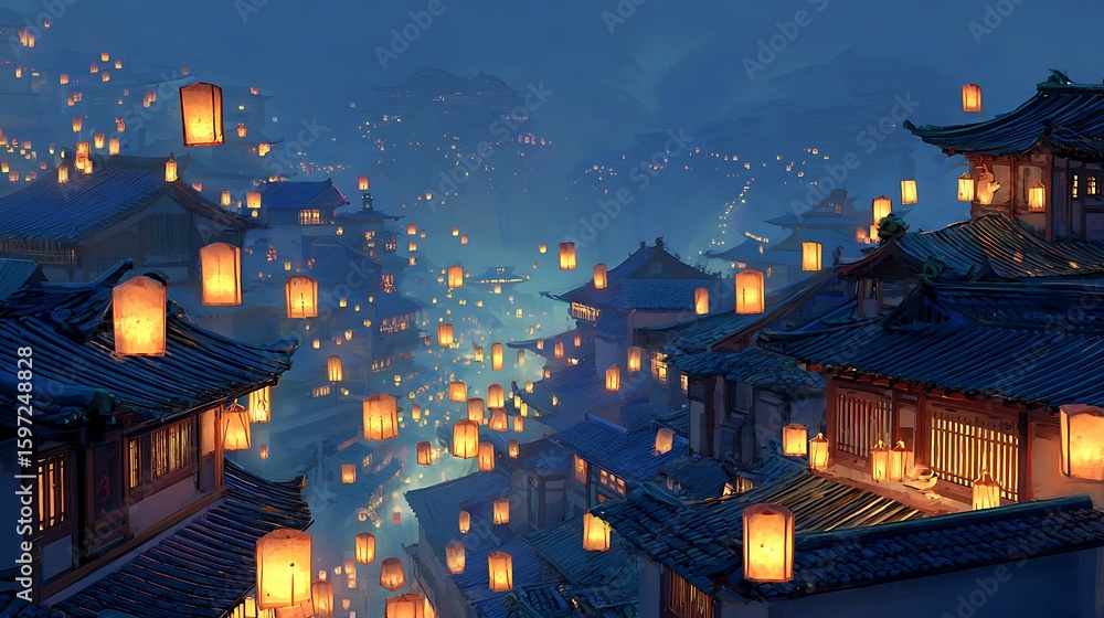 Obraz premium Floating lanterns illuminating ancient rooftops at night warm glowing light serene mystical ambiance