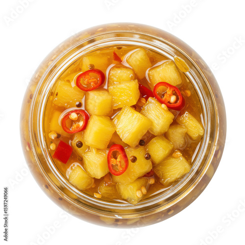 A vibrant jar of pineapple salsa with chili peppers, showcasing a colorful mix of flavors