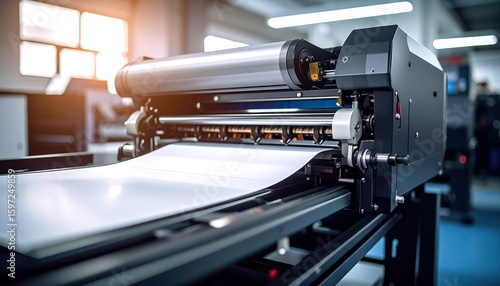 Modern digital printing machine in action with producing highquality prints in a print shop.