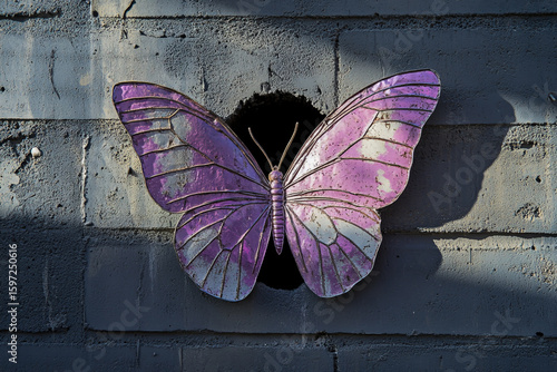 A creative art installation featuring a butterfly-shaped pipe mounted on a gray wall, highlighted with a purple and pink color scheme, showcasing innovative design and modern artistic elements.