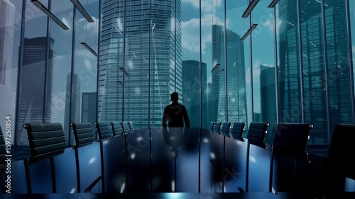 Augmented Intelligence. Businessman Working in Office among Skyscrapers. Hologram Concept