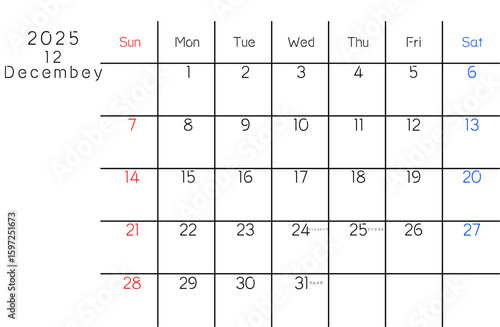 シンプル12月カレンダー　曜日英語バージョン