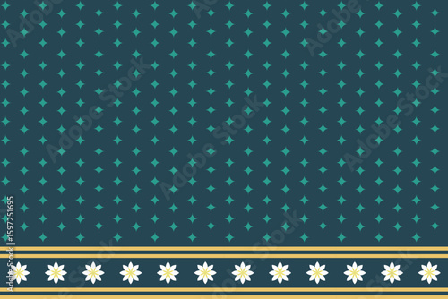 Elegant seamless textile pattern with teal polka dots on a dark background and a charming daisy floral border in gold and cream. Perfect for fabrics, crafts, digital prints, and wrapping paper.