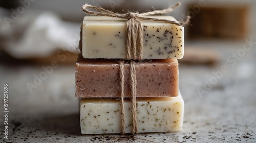Stack of Natural Handmade Soaps Tied with Twine, Spa and Wellness Theme