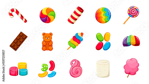 Assortment of colorful candies including lollipops, gummies, and marshmallows are displayed nicely
