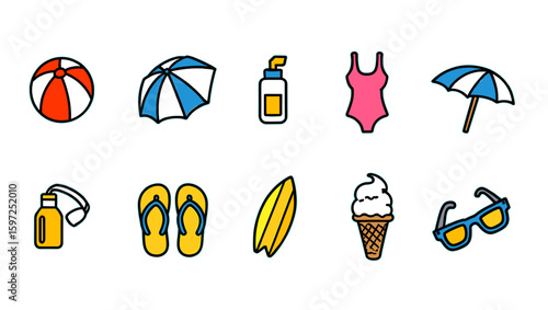 Collection of summer themed icons including beach ball, umbrella, and swimwear for vacation fun