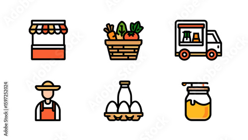 Illustration showing farmer market with produce stand truck farmer eggs and honey jar display