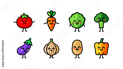 Assortment of cartoon vegetables with smiling faces standing in a neat orderly arrangement row by row