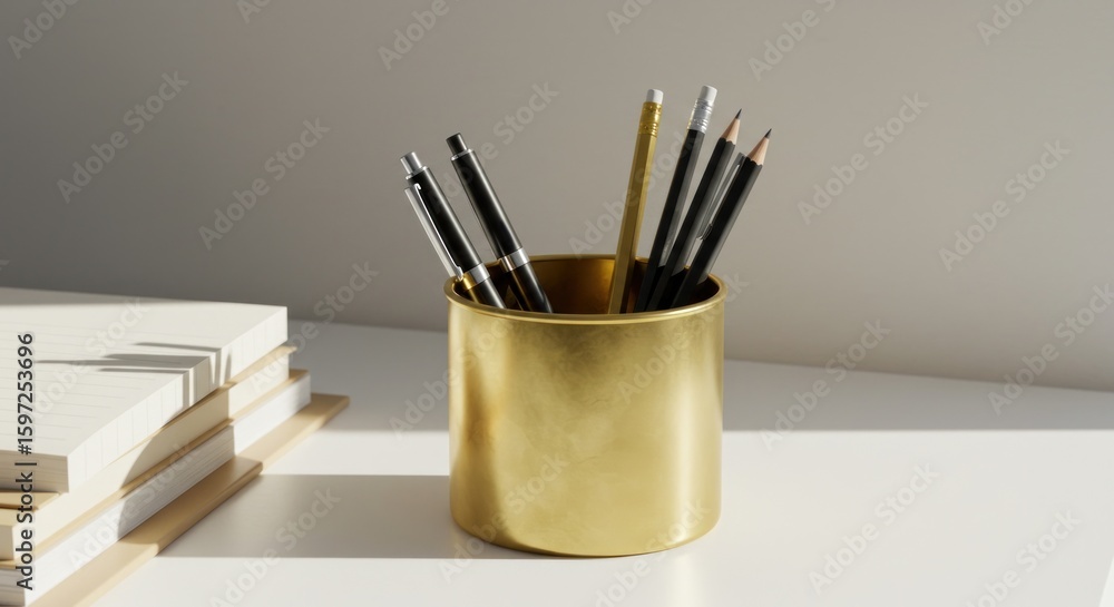 Obraz premium Brass pen holder and stacked notebooks
