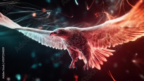 An ethereal eagle in flight, rendered in vibrant red and teal hues, its form composed of glowing, interconnected lines against a dark background, suggesting energy or data streams