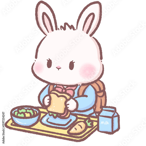 Cute cartoon bunny student eating a lunch sandwich at a cafeteria adorable white rabbit character learning education theme perfect for kids school illustrations
