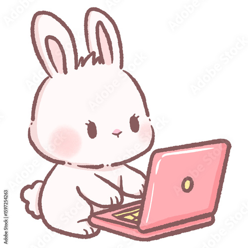 Cute cartoon bunny working studying on a pink laptop computer adorable white rabbit character learning education theme perfect for kids school illustrations