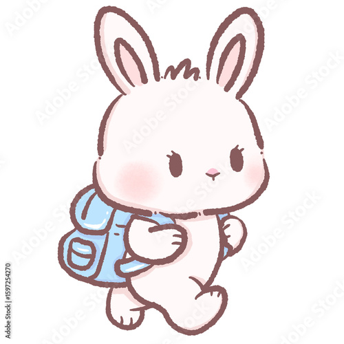 Cute cartoon bunny wearing a blue backpack going to school adorable white rabbit character learning education theme perfect for kids school illustrations
