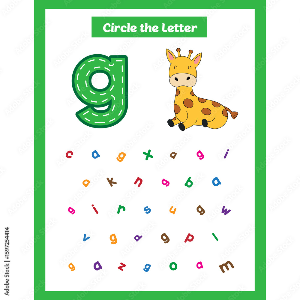 Obraz premium Circle the letter worksheet activity for kids G for Giraffe small letter g