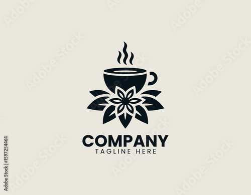 Floral Tea Cup Steaming Beverage Herbal Drink Vector Logo Design