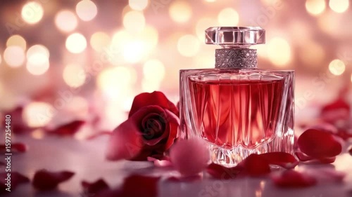 A crystal perfume bottle filled with ruby-red liquid sits amidst scattered rose petals and a single rose, all bathed in a soft, bokeh-blurred background of warm, romantic lighting