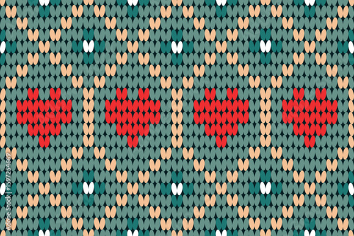 Charming knitted pattern featuring rows of red hearts on a green and cream geometric background. Perfect for romantic crafts, cozy textiles, and handmade-inspired creative designs.