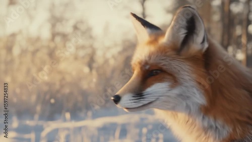 A red fox's profile, viewed from behind, gazes into a sun-drenched snowy woodland scene.  Golden hour light illuminates its thick fur, while the background softly blurs, showcasing a wintery landscape