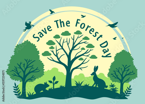 Save the forest day illustration with animals and trees