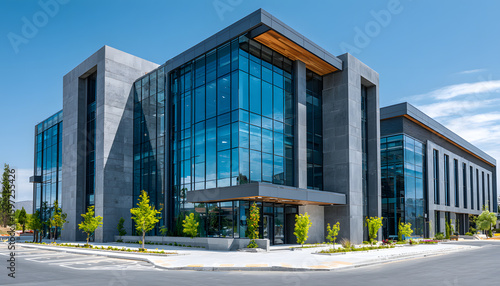 Modern medical building exterior. Contemporary architecture, glass windows reflect blue sky. Healthcare facility entrance. Parking lot, green trees. Office, clinic, hospital, health center.