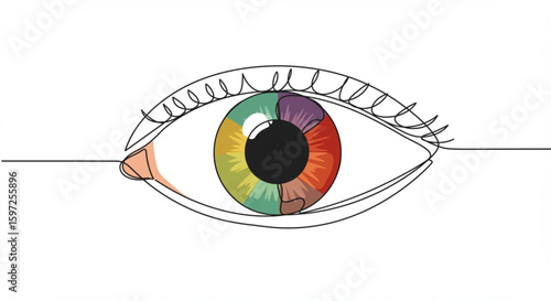 Illustration of eye with colorful iris design, color blindness vector outline