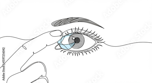 Man inserting orthokeratological hard contact lens into eye, single line contour vector