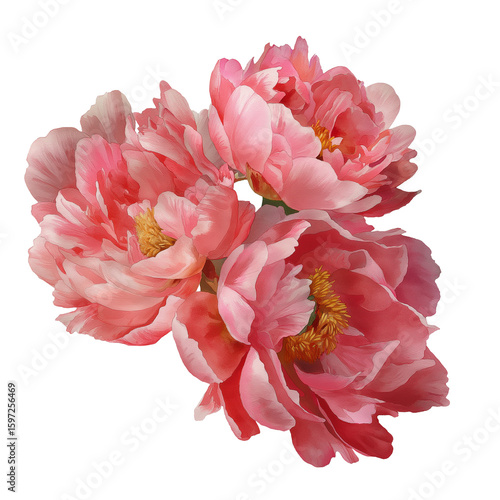 Fototapeta Naklejka Na Ścianę i Meble -  Fluffy pink and coral peony blossoms in watercolor, top-down view, clean white background with clear cut. 