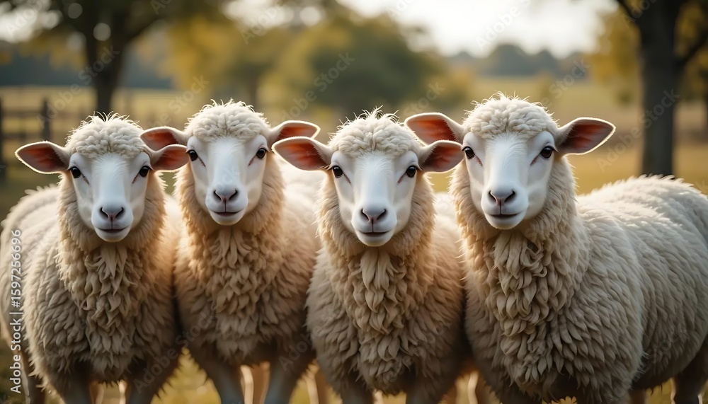 A group of five sheep standing close together, looking directly at the camera with curious expressions A group of five sheep standing close together, looking directly at the camera with curious expressions
