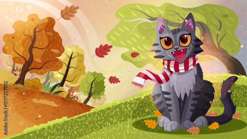 Autumn illustration. A kitten wearing a scarf in an autumn landscape. A smiling, happy cat enjoying the fall. Trees with leaves of different colors. Autumn background. Hello autumn vector drawing