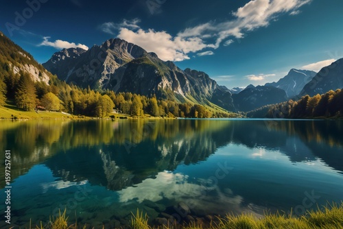 Serene alpine lake reflects majestic mountains and golden autumn trees under blue sky