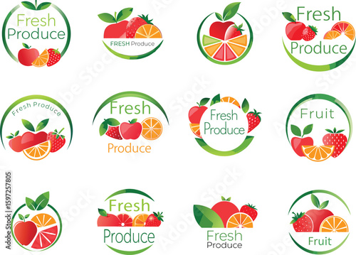 Fresh fruit logos and labels with healthy produce