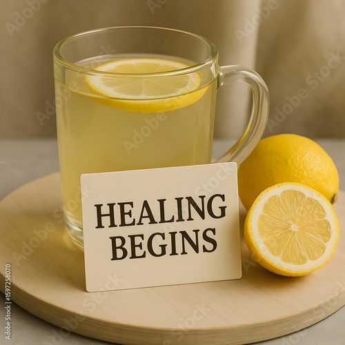 A cup of lemon tea with the words healing begins on a card next to it