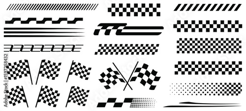 Racing stripe vector set with race car graphics, checkered flag designs, dynamic speed lines, decal patterns, and black and white finish line motorsport elements.

