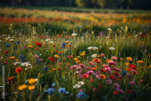 Vibrant meadow filled with diverse wildflowers in soft sunlight