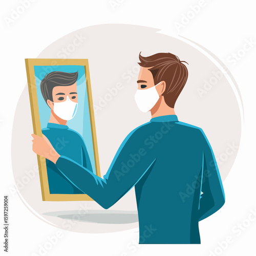 Person facing a mask in the mirror, symbolizing imposter syndrome, self-doubt, and emotional insecurity in vector art.