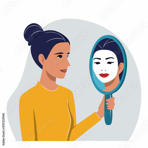 Person facing a mask in the mirror, symbolizing imposter syndrome, self-doubt, and emotional insecurity in vector art.