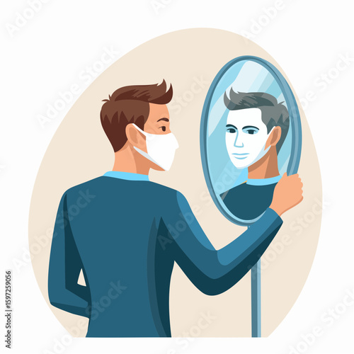 Person facing a mask in the mirror, symbolizing imposter syndrome, self-doubt, and emotional insecurity in vector art.