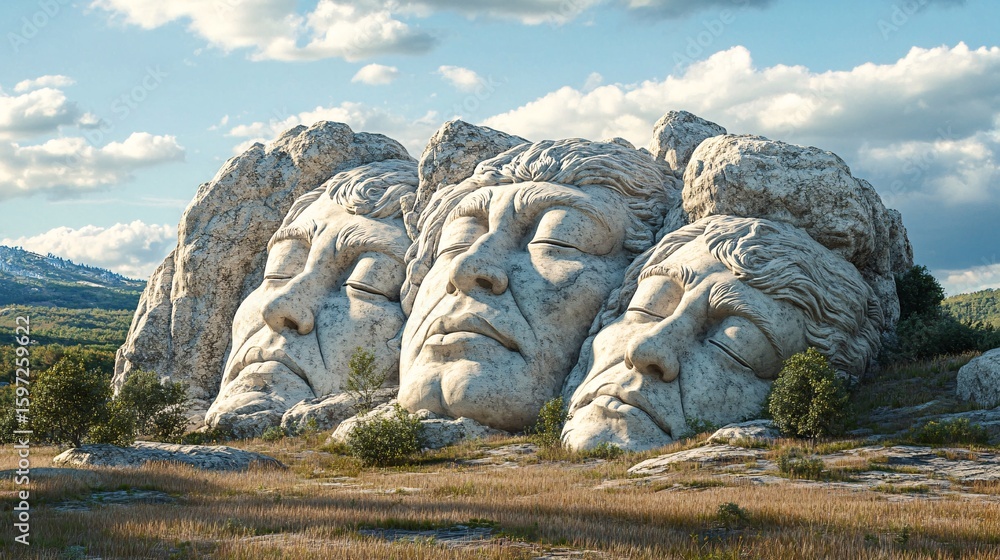 Fototapeta premium Stone Faces Sculpture, Mountain Landscape, Cloudy Sky