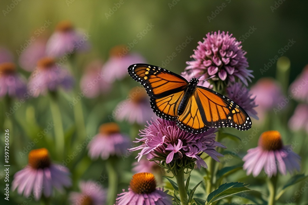 Fototapeta premium Monarch butterfly resting on a purple coneflower in a sunny garden
