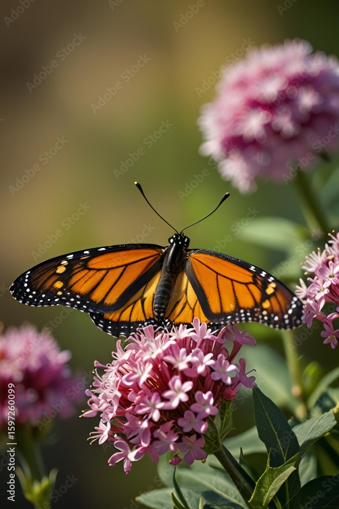 Naklejka premium Monarch butterfly resting on vibrant pink flowers in a garden